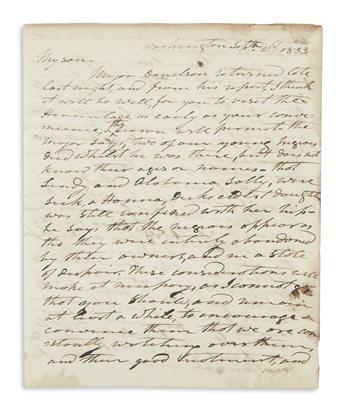 JACKSON, ANDREW. Autograph Letter Signed, as President, to his adoptive son Andrew Jackson, Jr.,